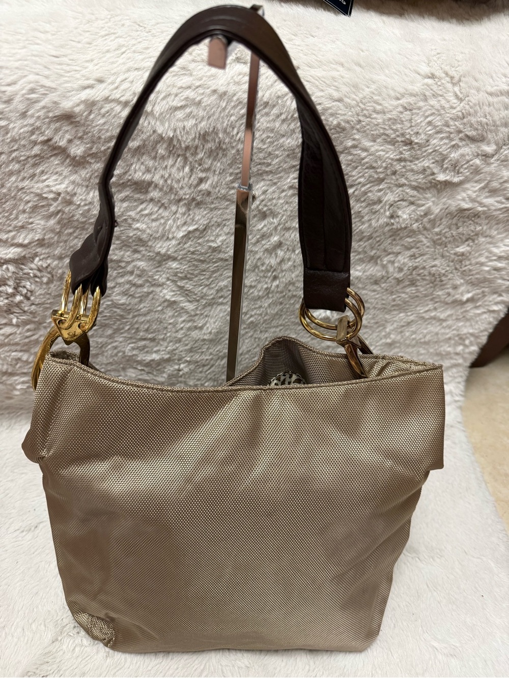 Braciano Beige Nylon Shoulder Bag with Dark Brown Strap